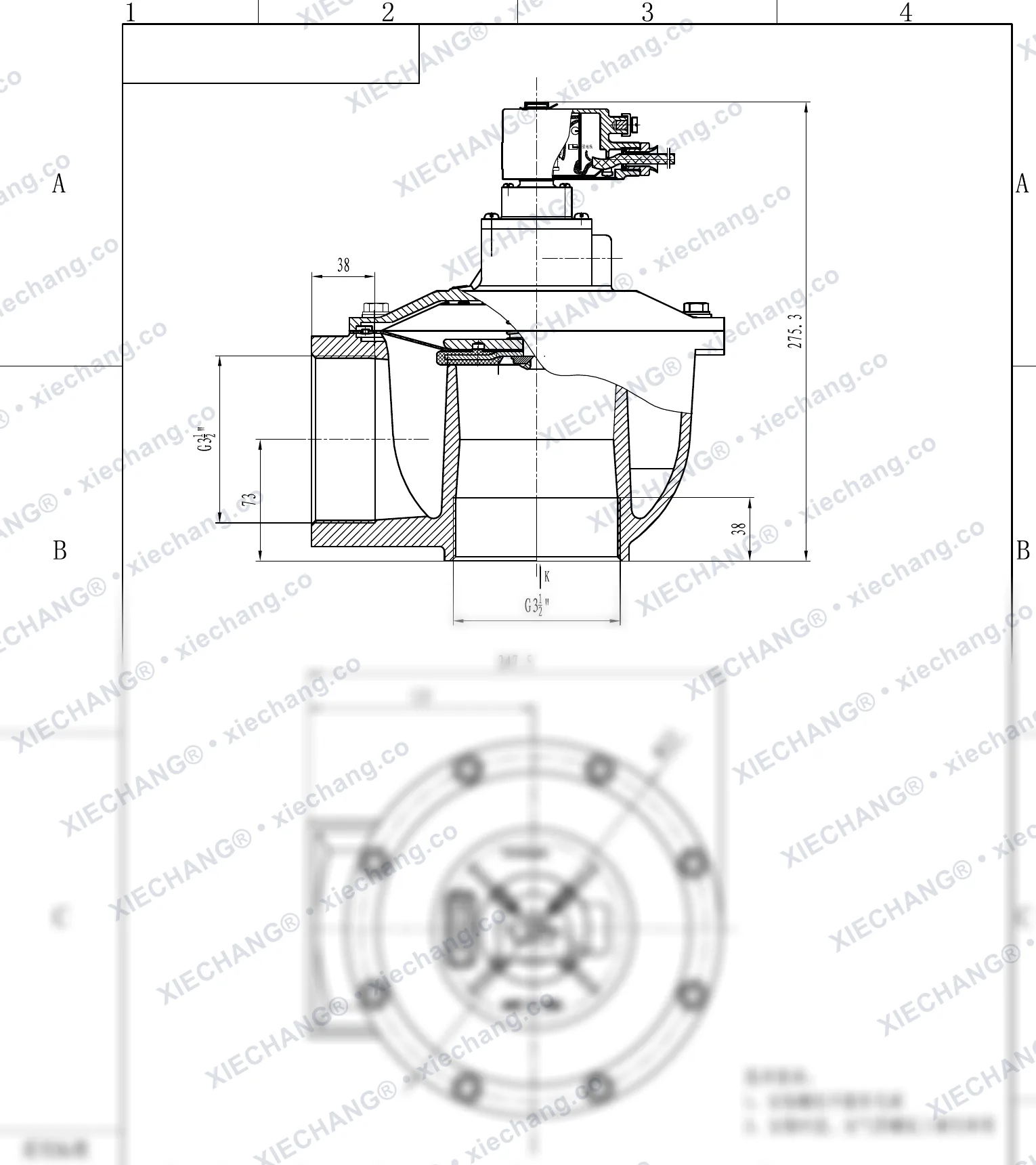 DCF-F-Z-102S.B · 4" (DN102) · صمام نبضي بزاوية قائمة مقاوم للانفجار — رسم التركيب